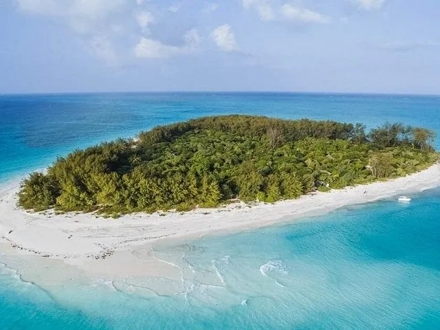 Aerial view of a small island with green trees and white sand surrounded by turquoise water.